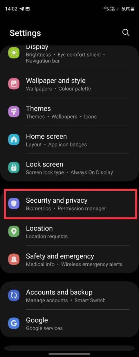 Samsung Settings with Security and privacy highlighted