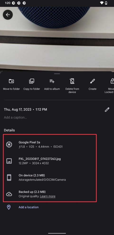 Google Photos app showing exif details