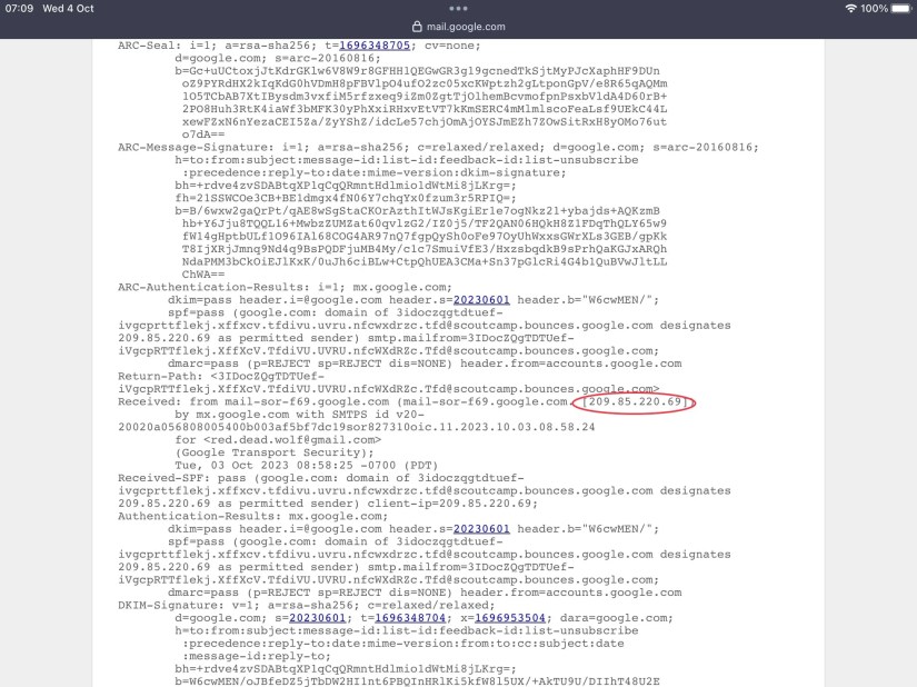 Gmail message header showing IP address of the sender