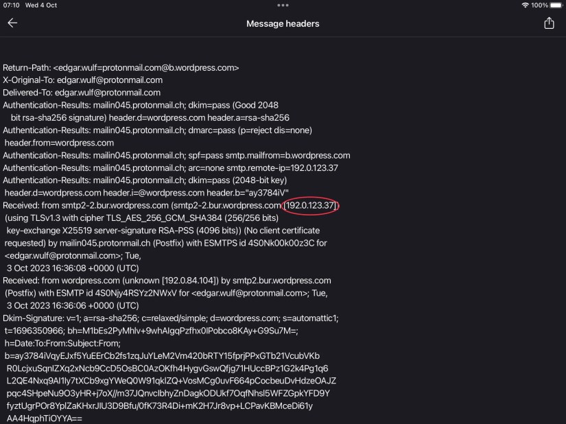 Full message header in Protonmail showing the IP address of the sender