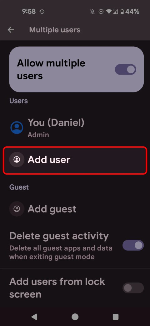 Android Multiple users menu highlighting the Add user option