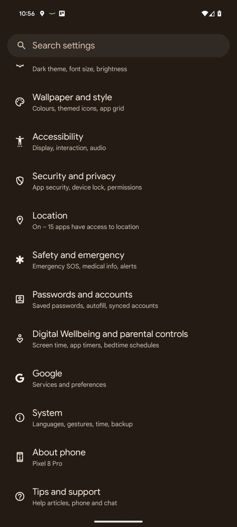 Settings menu on Google Pixel 8