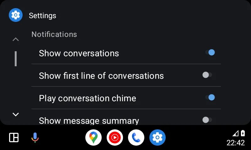 Android Auto message summary toggle in the Settings page