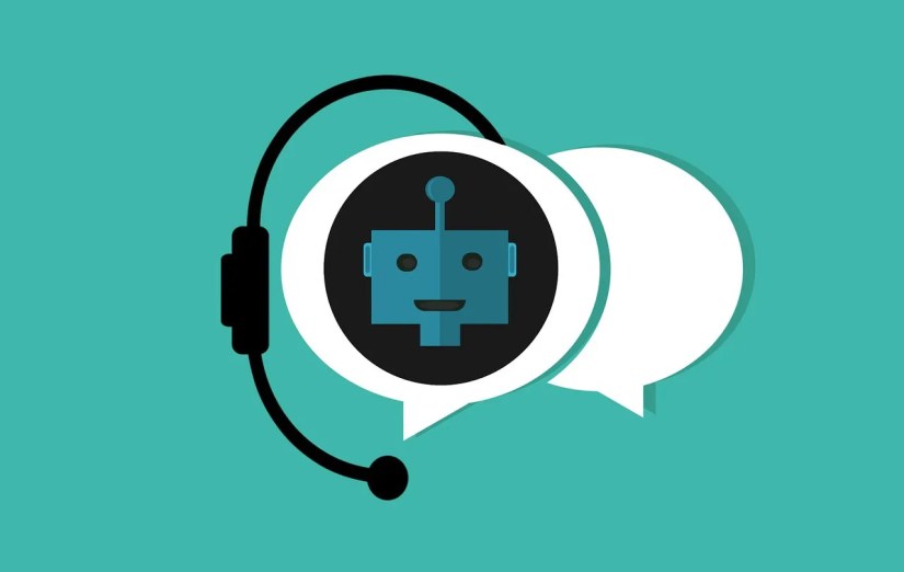 A chatbot icon with speech bubbles and a robot face against a green background.