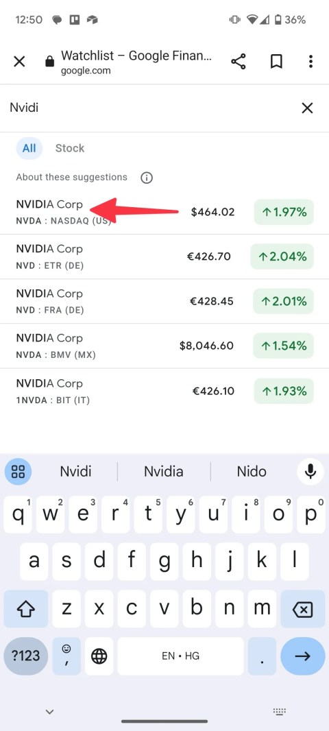 select a stock in Google Discover