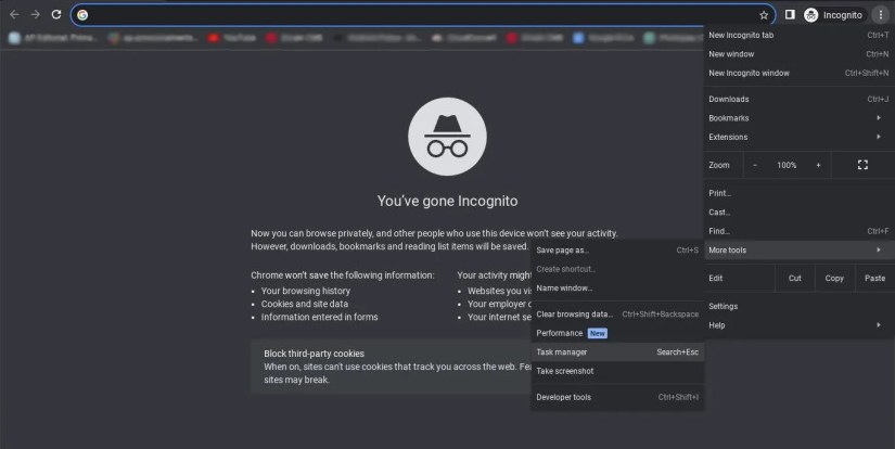 screenshot of a google chrome Incognito page with task manager option highlighted