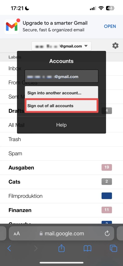 Gmail accounts page on the iPhone web app