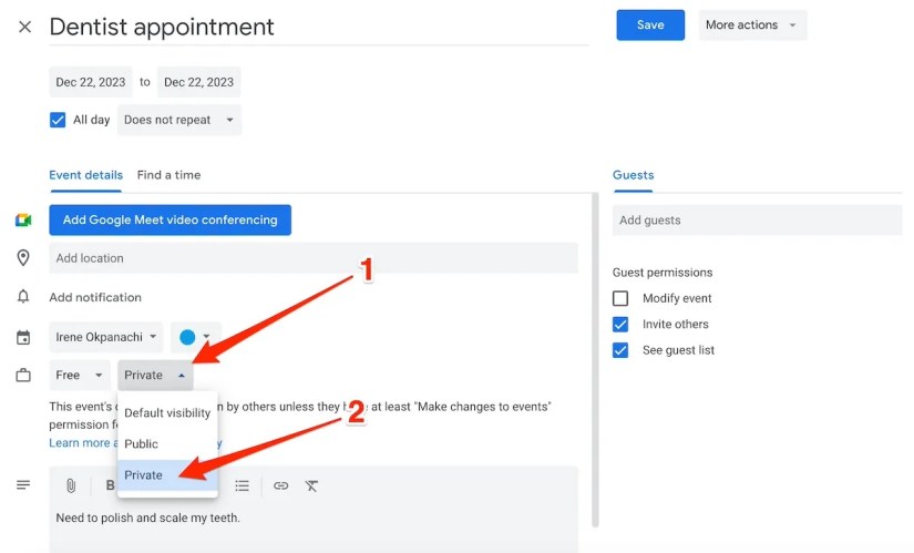 Switching event visibility to private on Google Calendar desktop version
