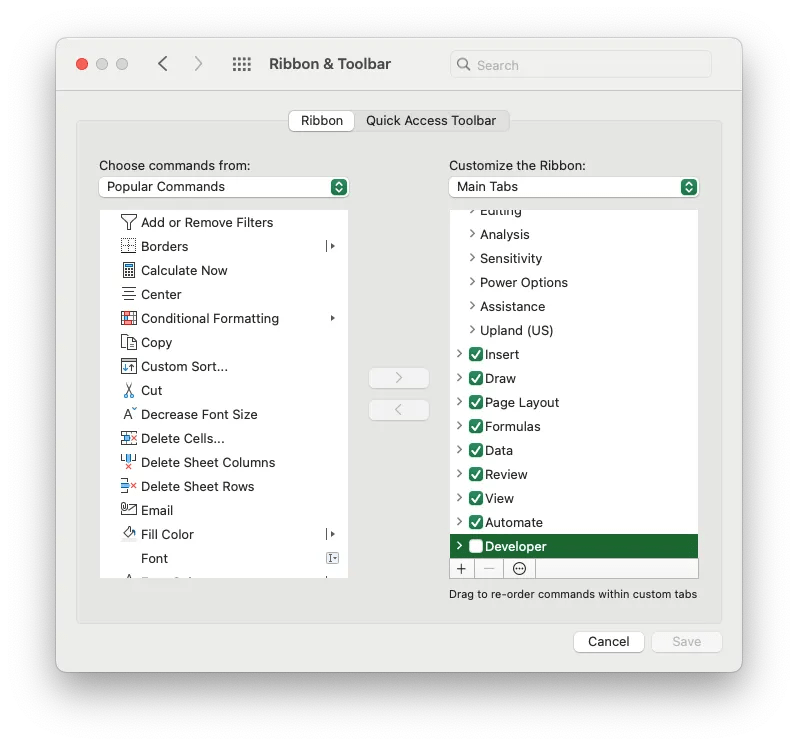 Screenshot of the Microsoft Excel app showing the ribbon customization options on Mac