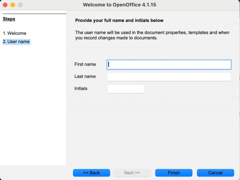 Full name and initials setup on Apache OpenOffice
