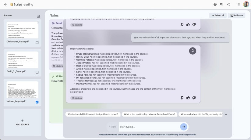 google notebook LM sources, notes showing important characters from android police google notebook LM hands on