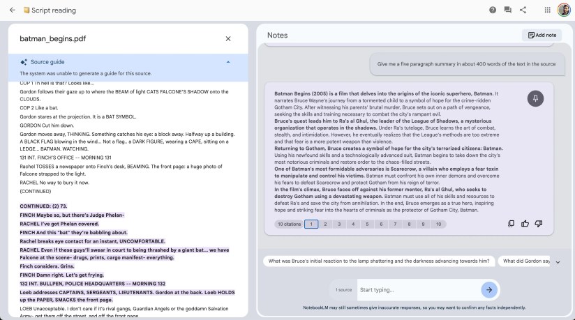 google notebook LM source guide and notes side by side from android police google notebook LM hands on