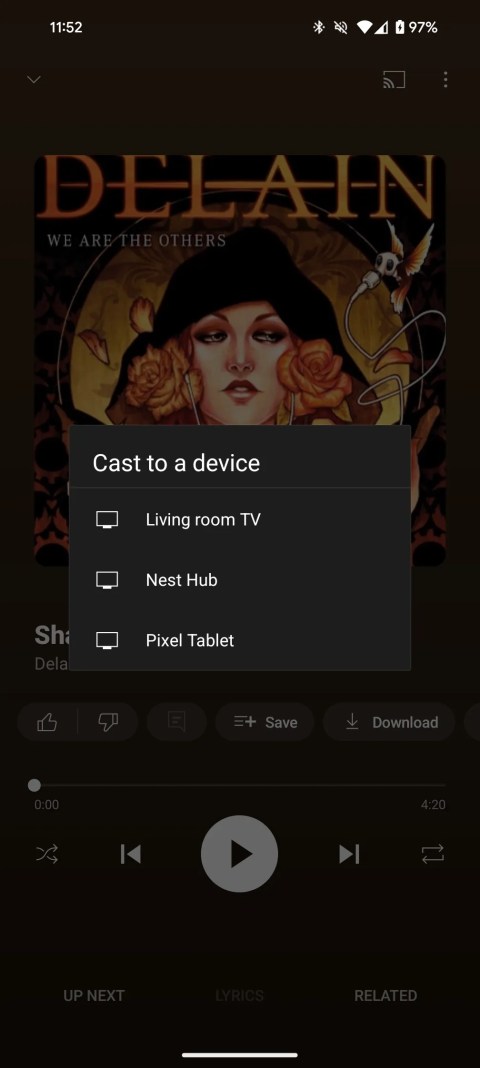 YouTube Music’s old overlay-based card for casting targets