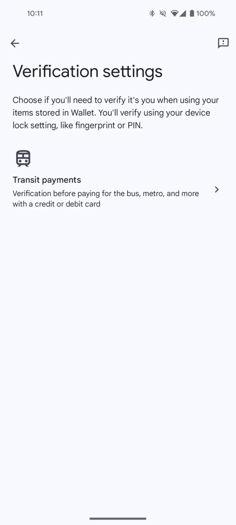 Verification settings page with transit payments listed as an option in Google Wallet