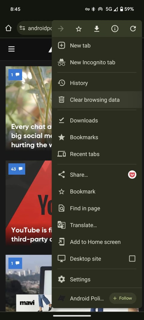 The AndroidPolice.com website in the Chrome browser Android app with the menu open and the &ldquo;Clear browsing data&rdquo; option highlighted