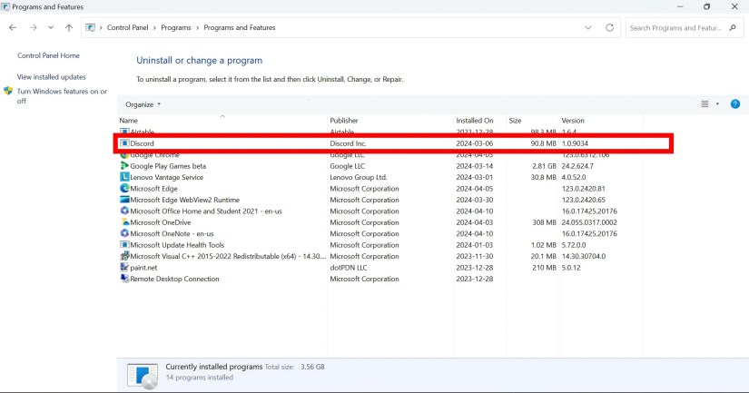 red rectangle outline over discord listing in programs
