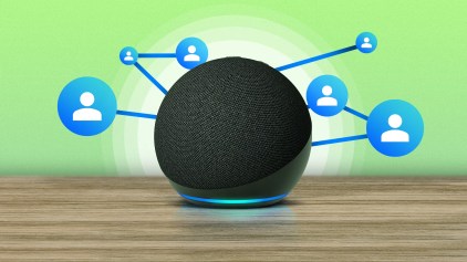 An Amazon Echo Dot with icons representing multiple connected users.