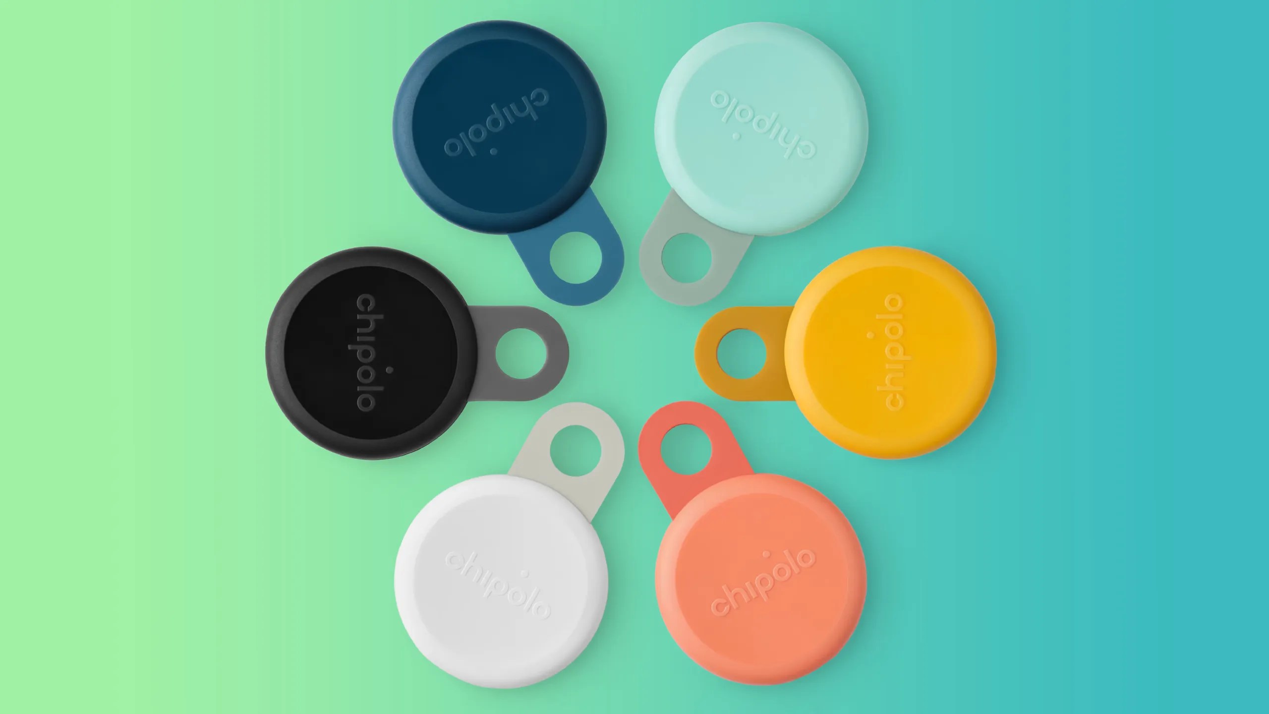 The six colors of new Chipolo Loop on a green and blue background.