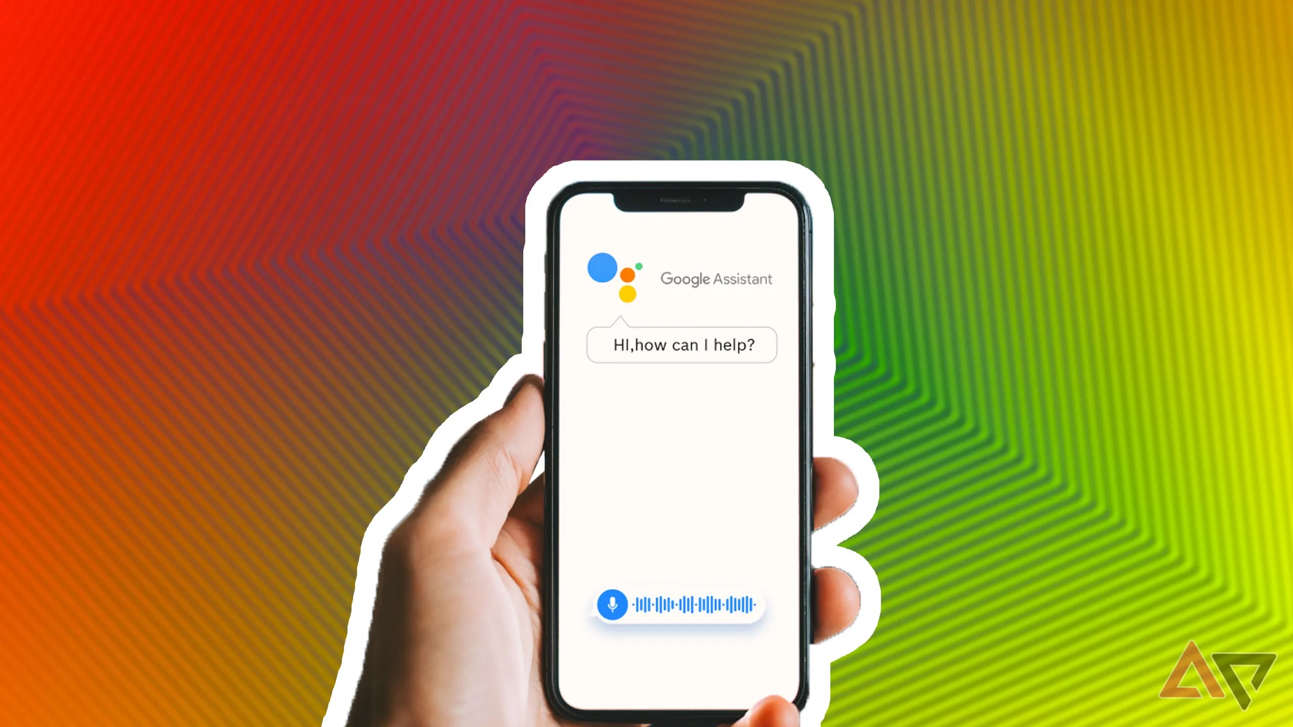 hand holding phone in front of multicolored background