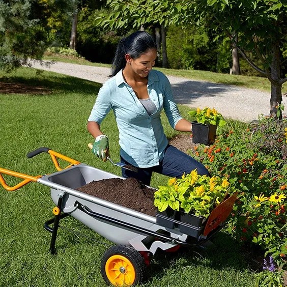 gardener kneeling next to a wheelbarrow cart loaded with soil and a few plants