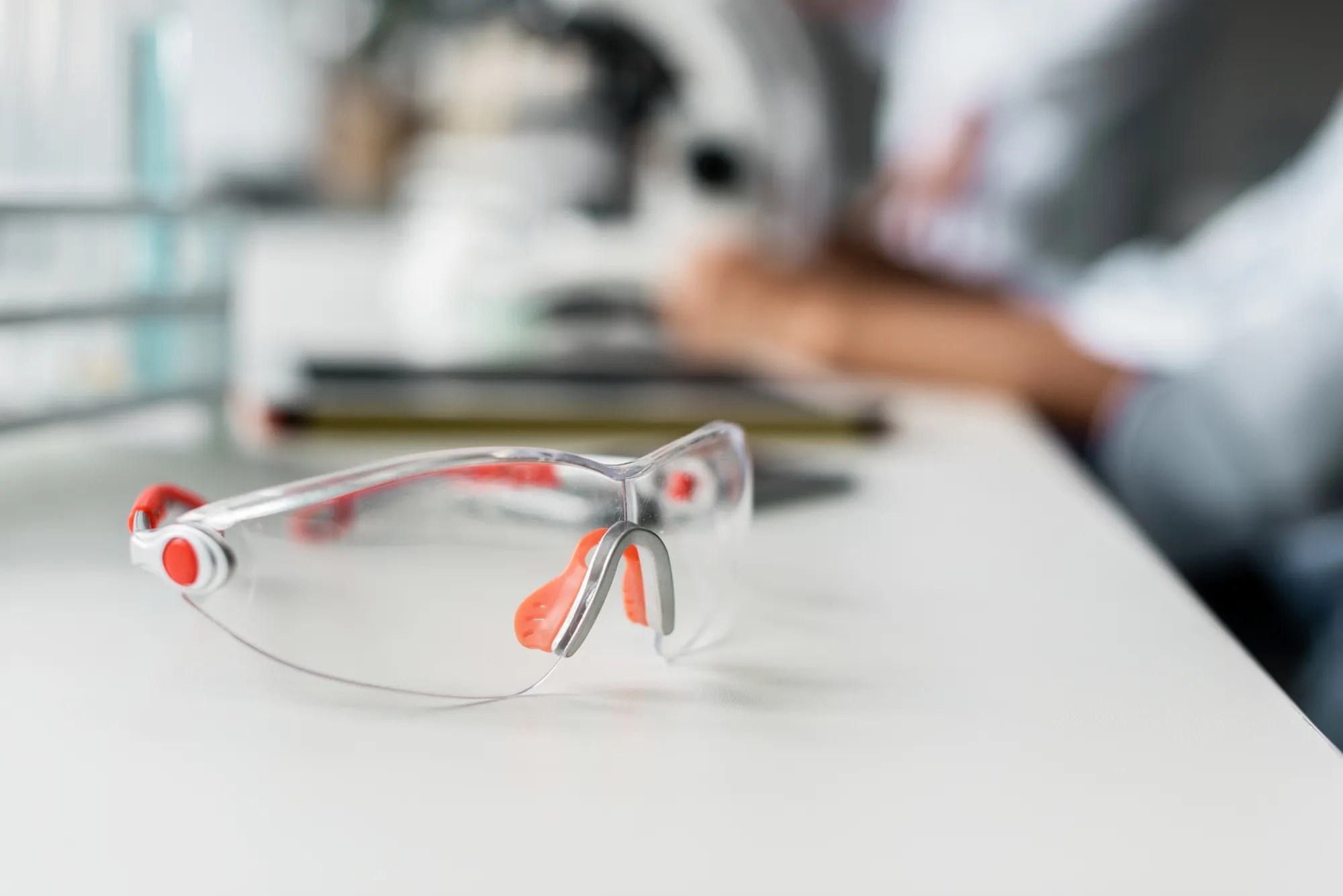 Protective goggles on lab table