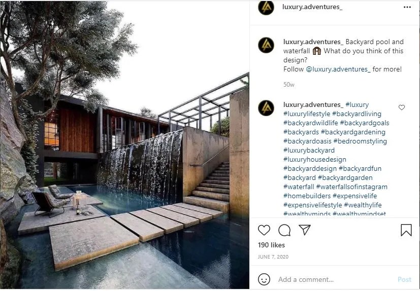 Waterfall pouring into narrow pool at a deck