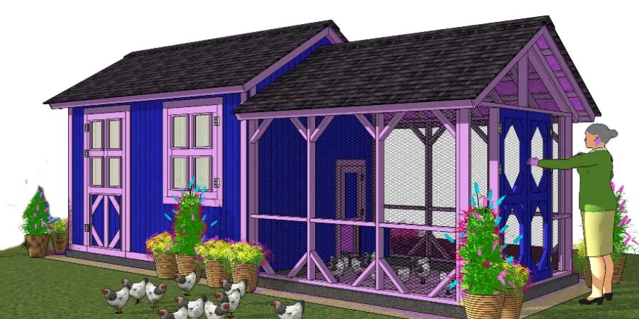 mockup of blue and purple chicken coop with run