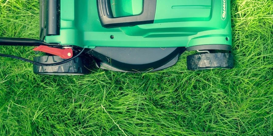 Green lawnmower mowing the lawn
