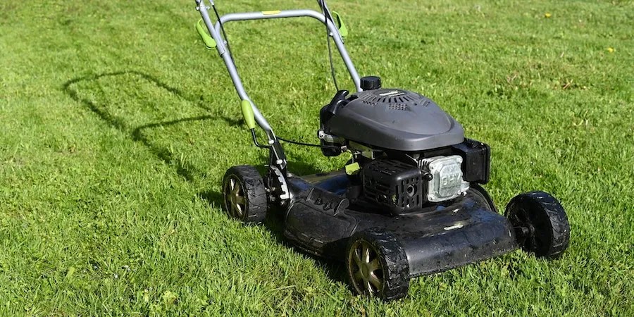 Black push mower on lawn