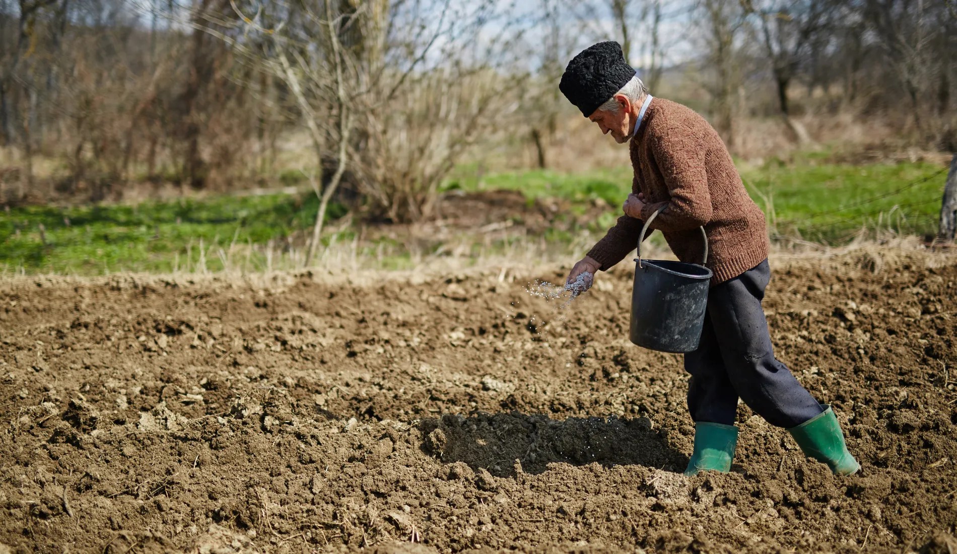 Senior Man Spreading Fertilizer