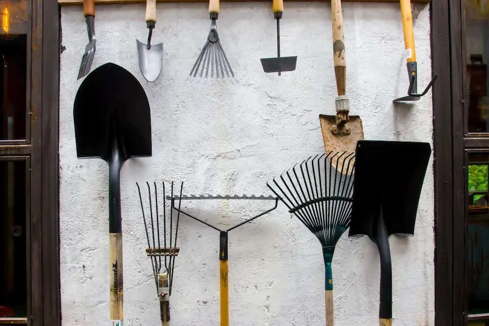 gardening tools on display,