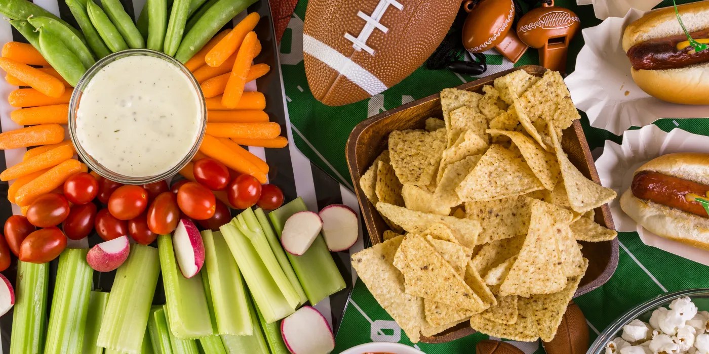 Super Bowl party food spread