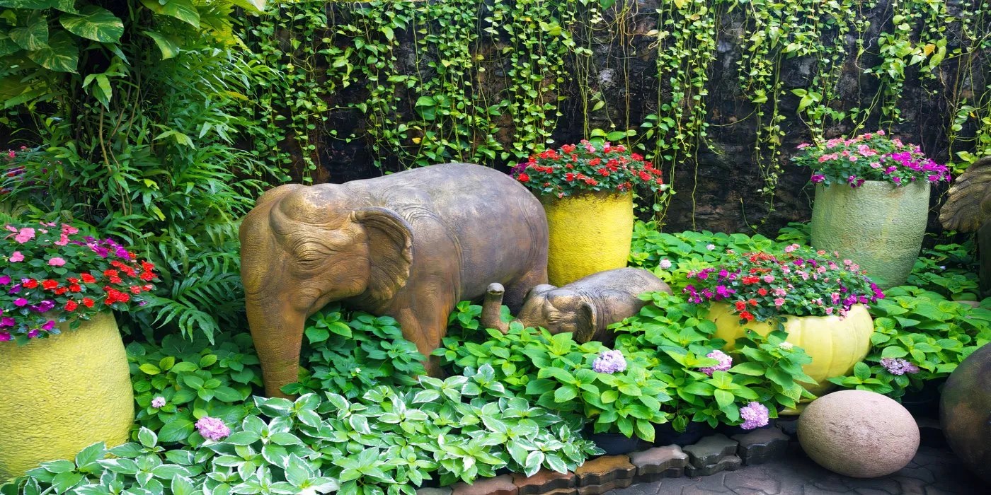 A backyard with sculptures