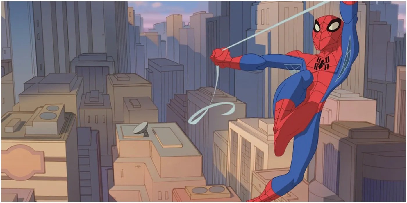 Peter Parker as Spider-Man swinging around the streets of New York