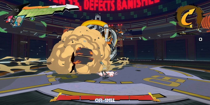 Hi-Fi Rush QA-1Mil Boss Fight QA-1MIL slamming right fist into arena