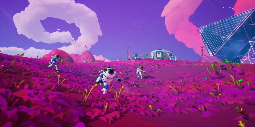 Astroneer characters running in purple terrain