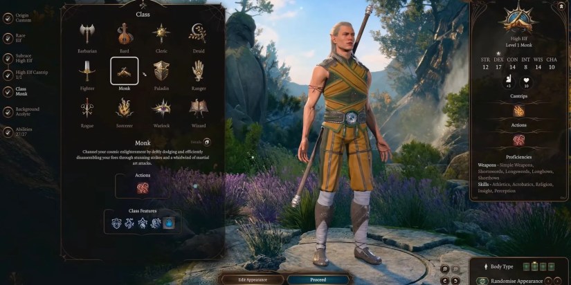 monk class character creation screen in baldur&rsquo;s gate 3
