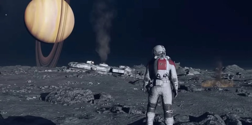 Character in a beautiful landscape in Starfield