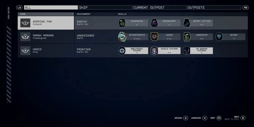 Crew menu in Starfield