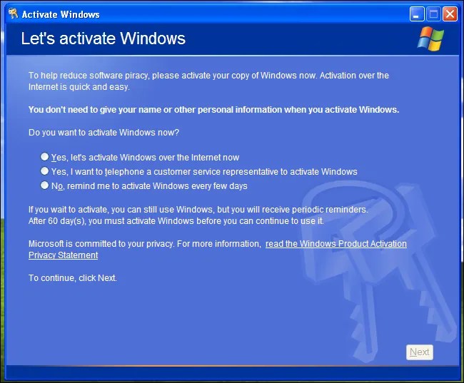 Windows XP activation dialog.