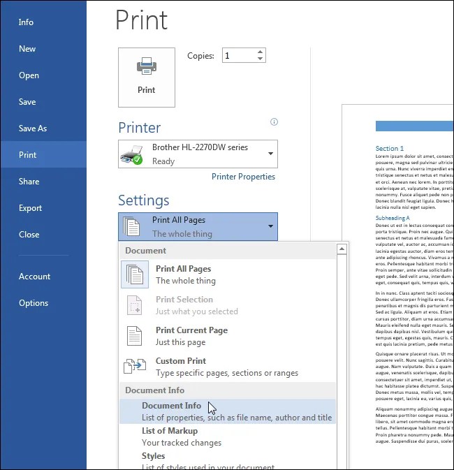 How to Print Document Properties in Word