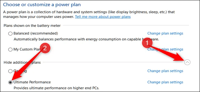 Selecting the &lsquo;Ultimate Performance&rsquo; power plan in the Power Options settings on Windows.