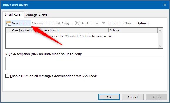 Creating a new filter in Microsoft Outlook.