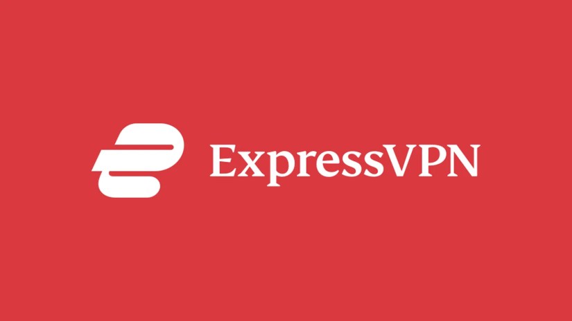 ExpressVPN company name and logo against red background