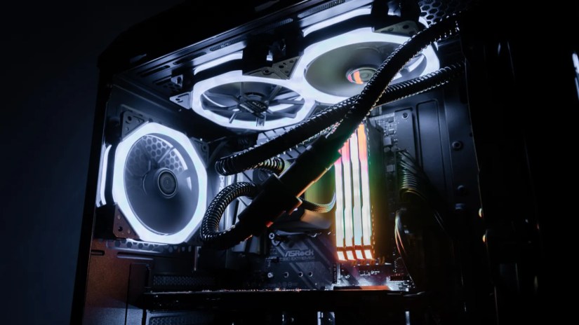 Internals of a gaming PC with RGB LED lights.