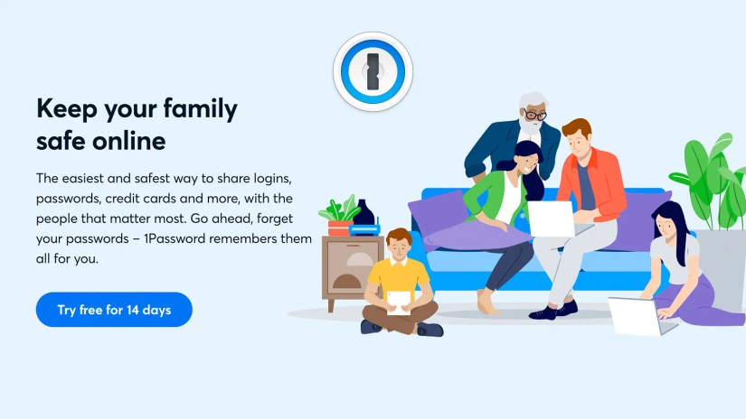 An illustration of a family using 1Password.
