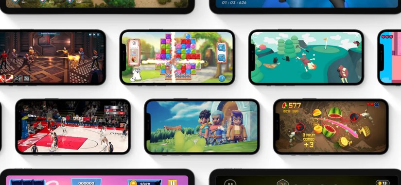 A montage of iPhones displaying games from Apple Arcade.