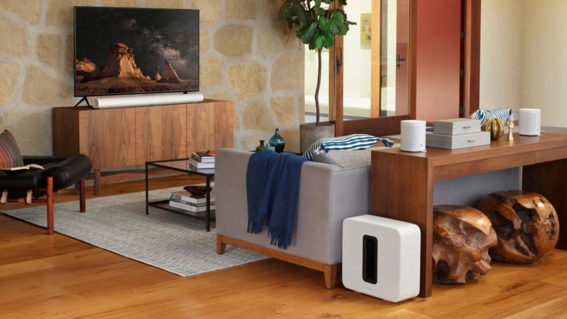 Sonos ARC soundbar and subwoofer in a living room.