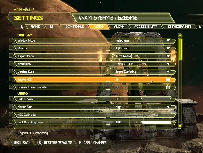 Doom Ethernal&rsquo;s Video settings screen