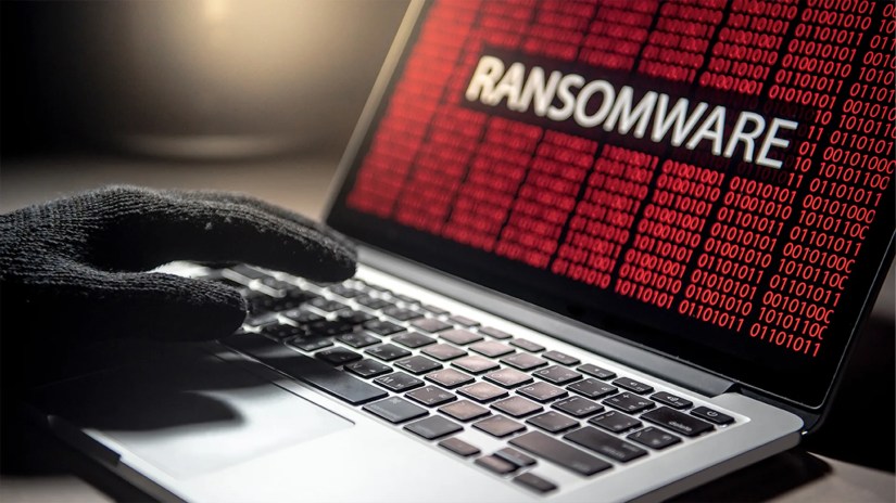 A laptop with the word &quot;Ransomware&quot; in big scary letters.